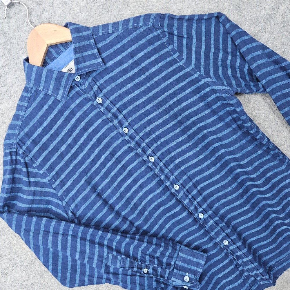 Report Collection Resort Shirt Men's Medium Navy‎ Blue Striped 100% Linen Travel